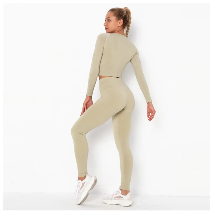 

Ladies seamless knitted yoga two-piece suit,quick-drying and breathable sports top high-waist hip-lifting fitness trousers DS77