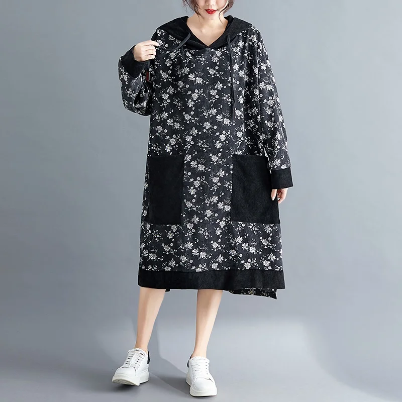 Вельветовое винтажное платье с длинным рукавом и цветочным принтом размера плюс