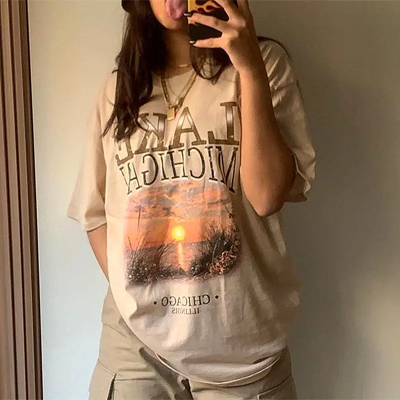 

Топы летние оверсайз с круглым вырезом и коротким рукавом, с буквенным принтом цвета хаки, озера, мицигаи, хлопковая футболка