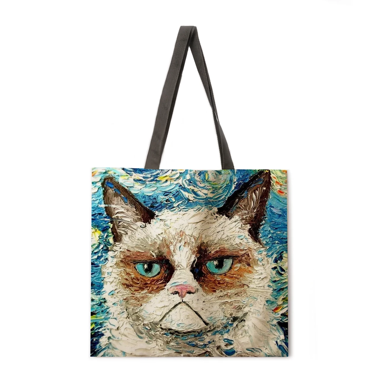 

Oil painting cat print handbag women's linen bag leisure foldable shopping bag outdoor beach bag daily handbag