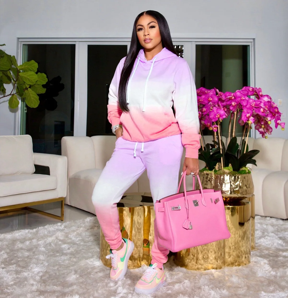 Hooded Gradient Tracksuit 2 Pieces Sportwear Sets with Pockets Women Long Sleeve Hoodie Sweatshirt and Drawsting Sweatpants 2021 |