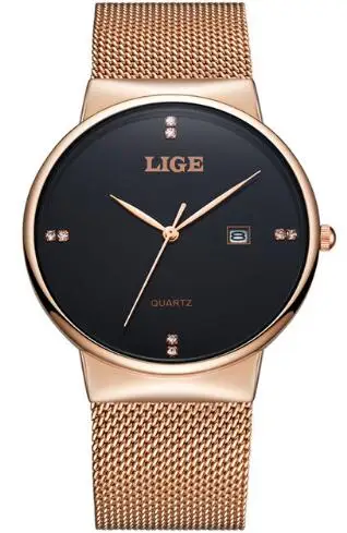ROSE GOLD BLACK LIGE новое платье женские часы модные повседневные розовое золото кварцевые женские часы бизнес сетка сталь водонепроницаемые часы Relogio Feminino - Цвет: ROSE GOLD BLACK