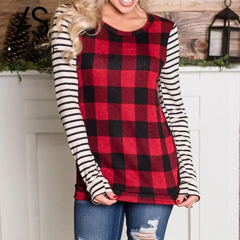 Женская туника с длинным рукавом Повседневная Базовая рубашка в клетку/в полоску