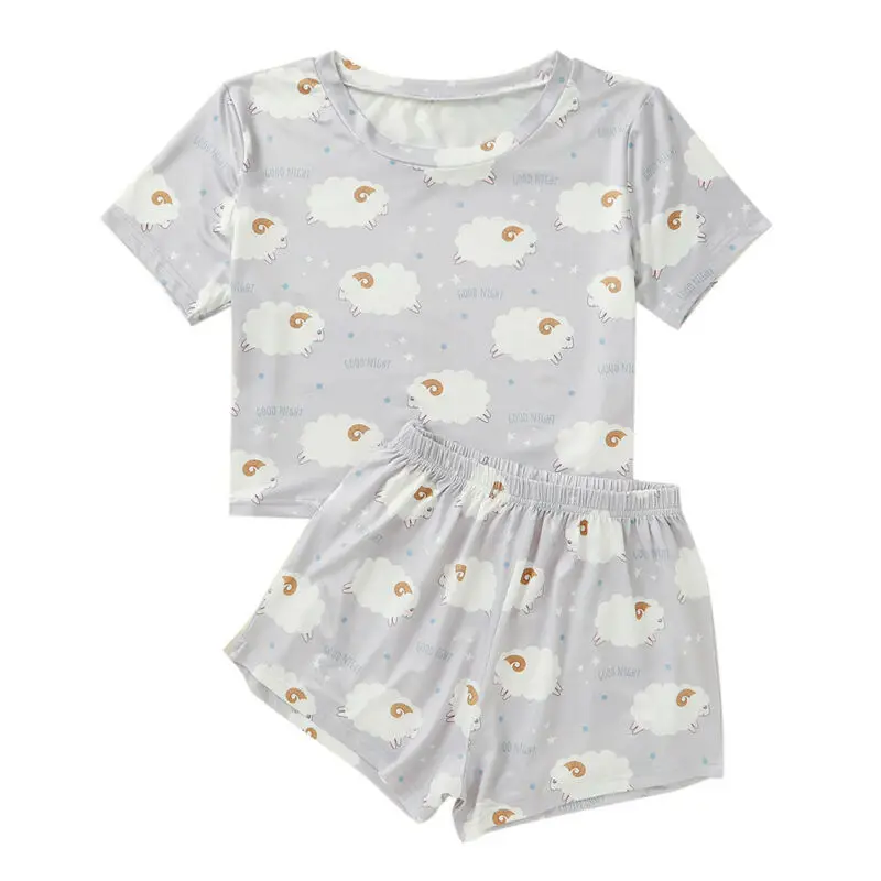 

Women Print Short Sleeve Sleepwear Outfits Casual Tops + Shorts Set Lounge Wear