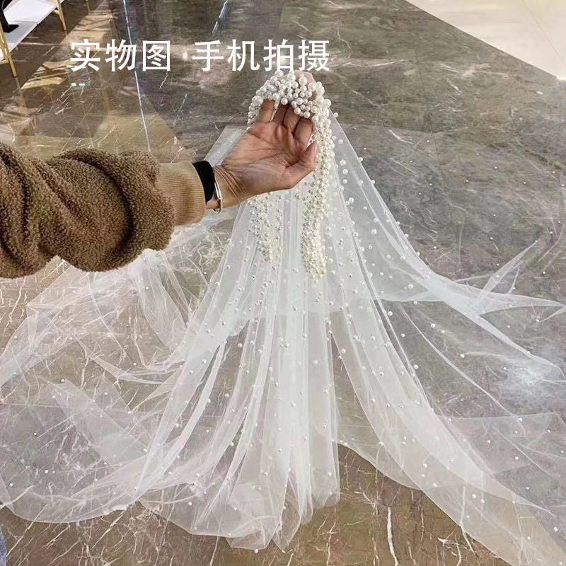 

Hot Sale 1 Tier 3m With Comb Cathedral Royal Pearl Wedding Veil Bridal Veil With Pearl Ivory Veu De Noi