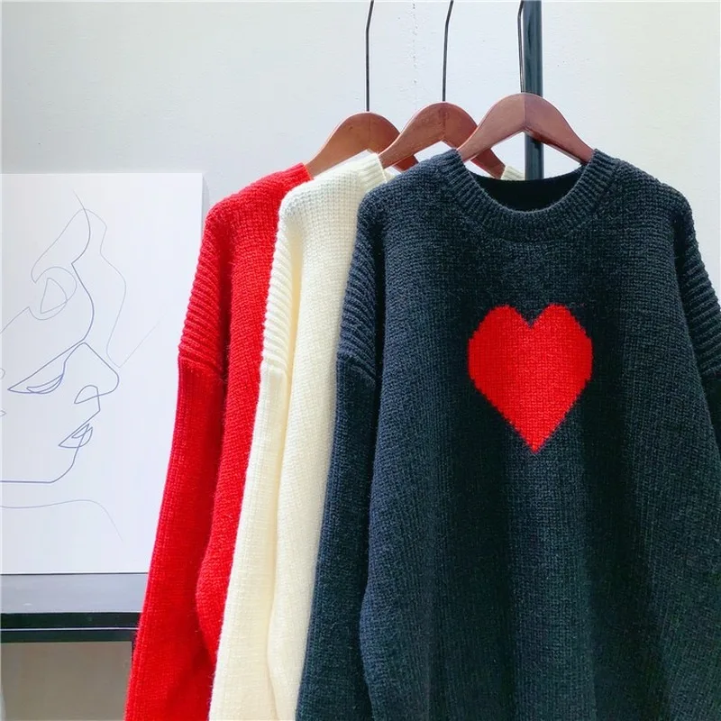 

Sweetheart Jacquard Knit Sweater Red Women Loose Long Pullovers Round Neck Oversized Sweater Korean Fashion Jumpers Sueter Mujer