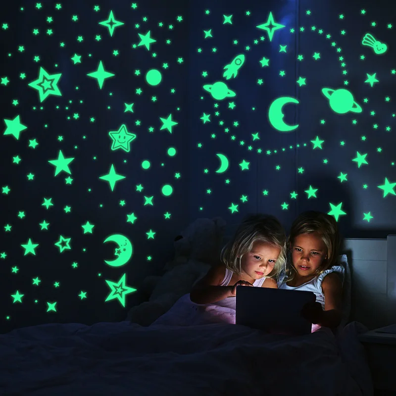 Luminous 3D Stars Dots Wall Sticker for Kids Room Bedroom Home Decoration Glow In The Dark Moon Decal Fluorescent DIY Stickers | Дом и сад