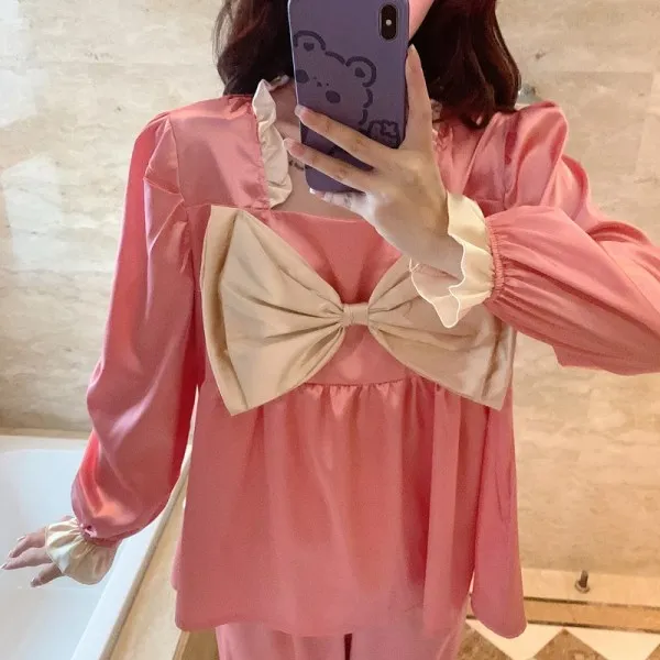

Silk Satin For Women's Set Pyjamas Button Pigiama Pajama Set Long Sleeve Casual Sleepwear Nightwear Brow Home Clothes Loungewear