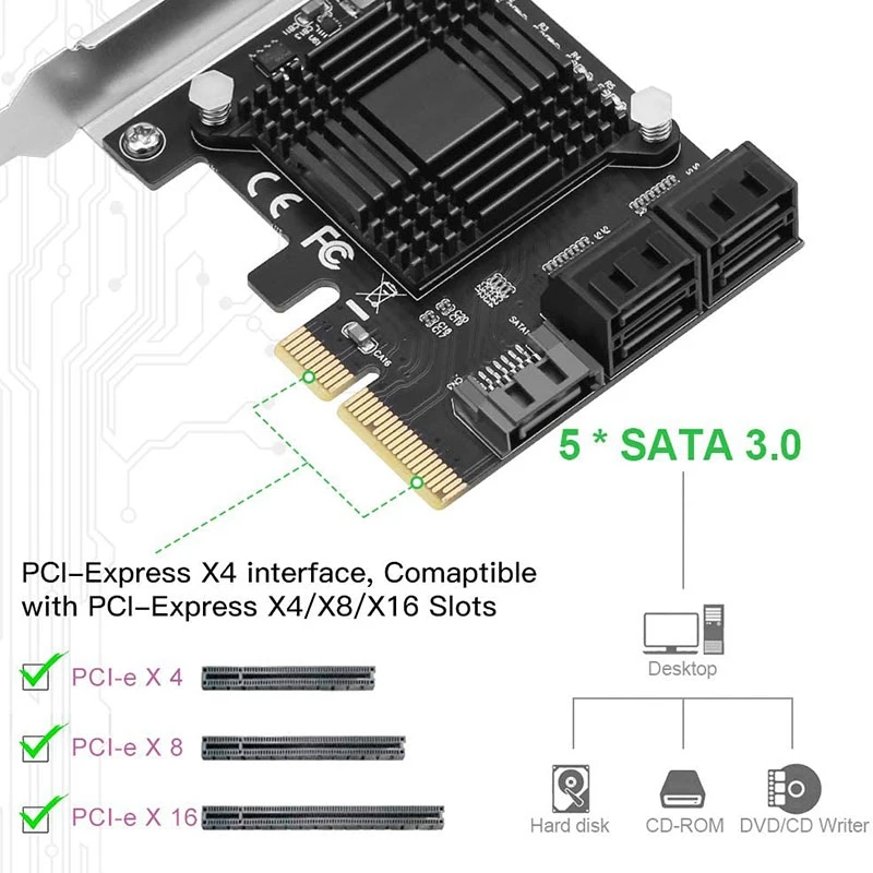 

PCIE to 5-Port SATA III 6 Gbps SATA Controller Expansion Card Computer Case Adapter Card JMB585 with 5 Cables