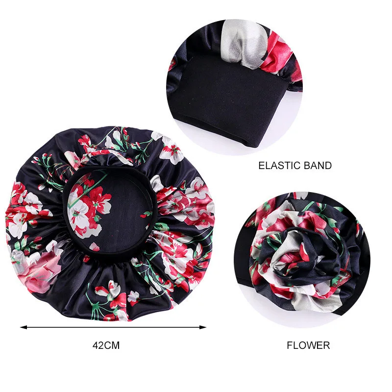 

New Fashion Night Sleep Cap Wide Band African Flower Print Satin Bonnet Women Hair Wrap Hat Chemo Beanie Curly Springy Hats