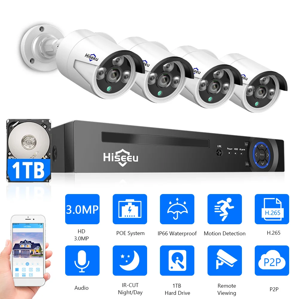 

4CH PoE безопасности Камера Системы с аудио 3MP HD открытый ip-камеры с питанием по PoE Камера s, 8-канальный сетевой видеорегистратор Поддержка обна...