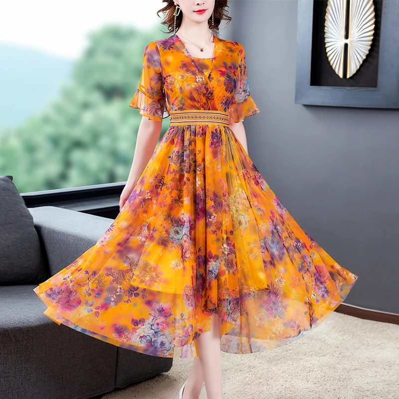 

Summer Women's Dress 2021 New Office Lady Vintage French Style Print Chiffon Flare Sleeve High Waist Zipper V-Neck Dresses Traf