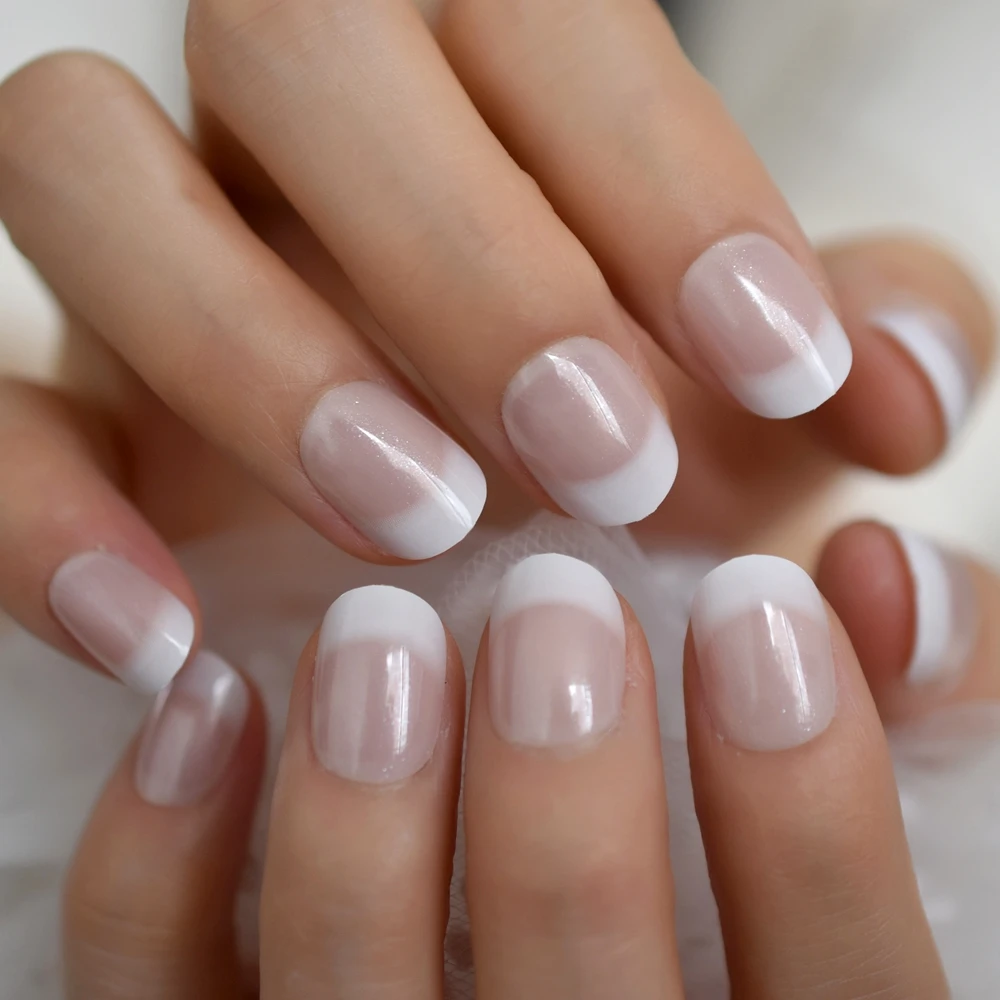 

2021 Salon Acrylic French Nails Short Length Ombre Round French Tips Glitter Pattern White Thin False Nail 24 Ct new