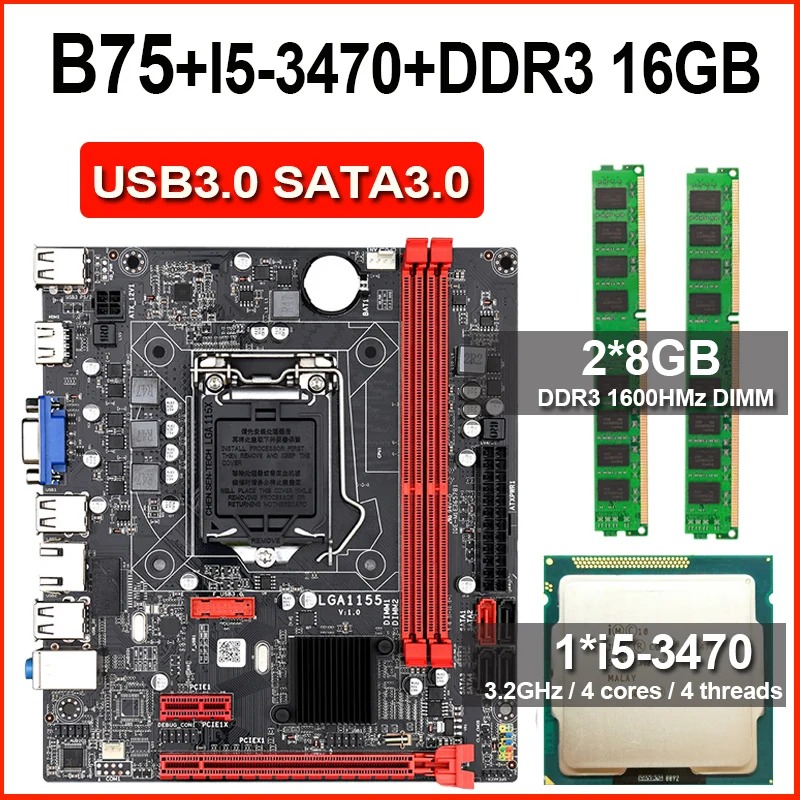 Комплект материнской платы JINGSHA B75 с Intel Core I5 3470 2x8 ГБ = 16 Гб 1600 МГц память DDR3 для