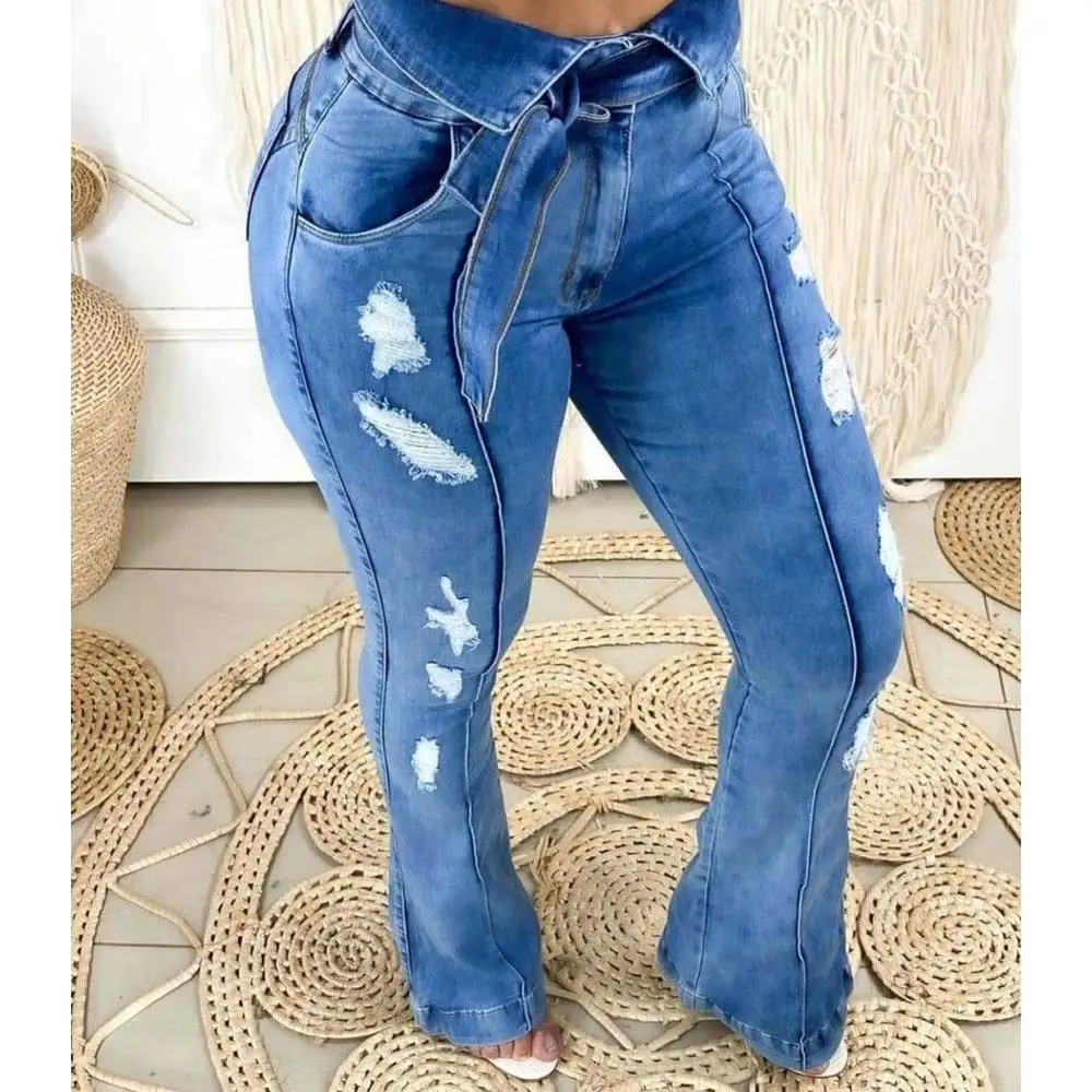 

Female's Blue Color Middle Waist Skinny Washed Hole Jeans Fashion Streetwear Stretchy Long Flared Pockets Ripped Jeans with Belt
