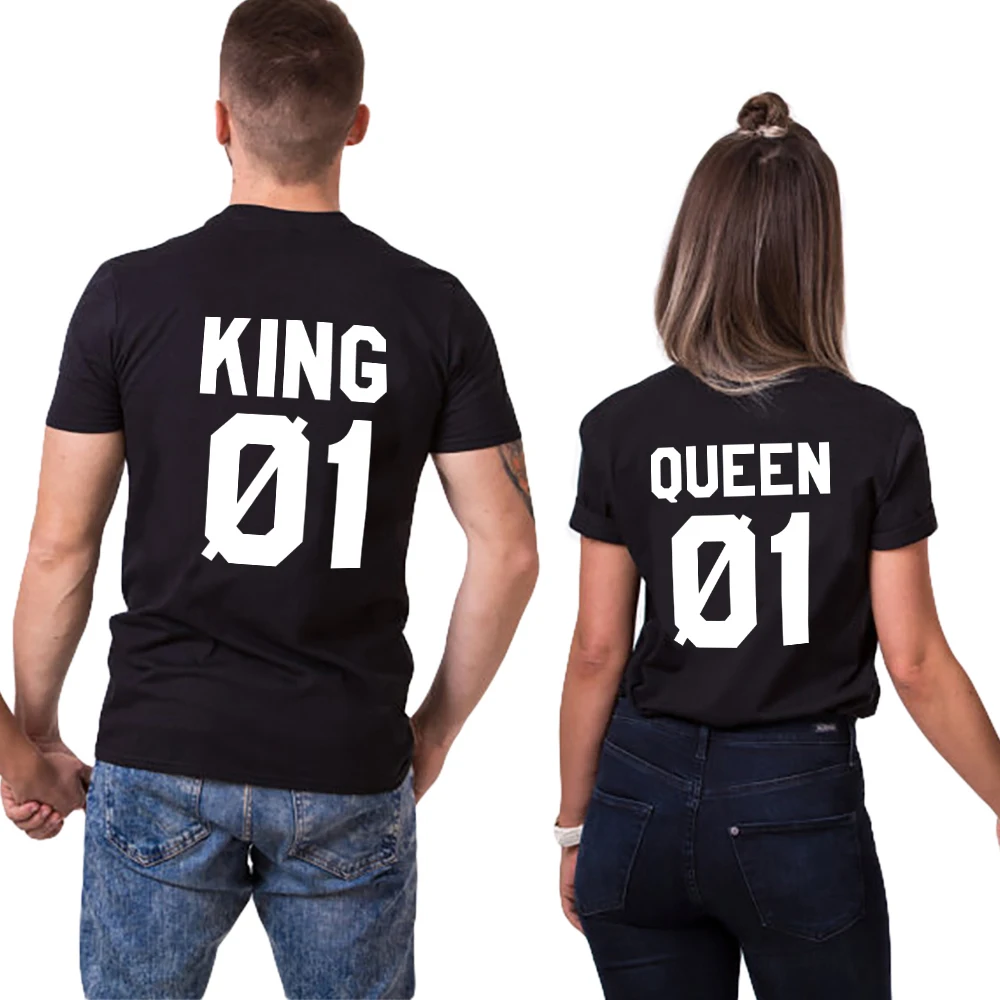 Забавная футболка с надписями для влюбленных мужская и женская King Queen 01 хлопковая