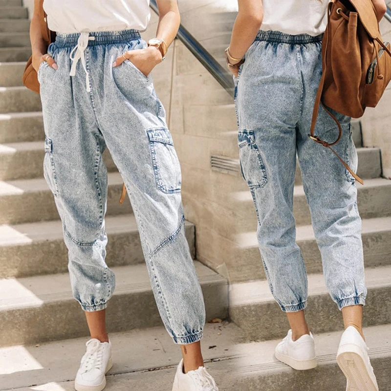 

retro denim harem pants Women casual boyfriend mom jeans plus size ladies elastic waist big jeans washed denim loose pants