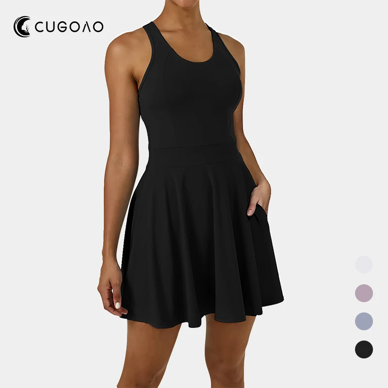 

CUGOAO 2021 New Sleeveless Exercise Tennis Dress Suit Quick Dry Yoga Running Sports Dresses Set Tight Tracksuit Gym Sportswear