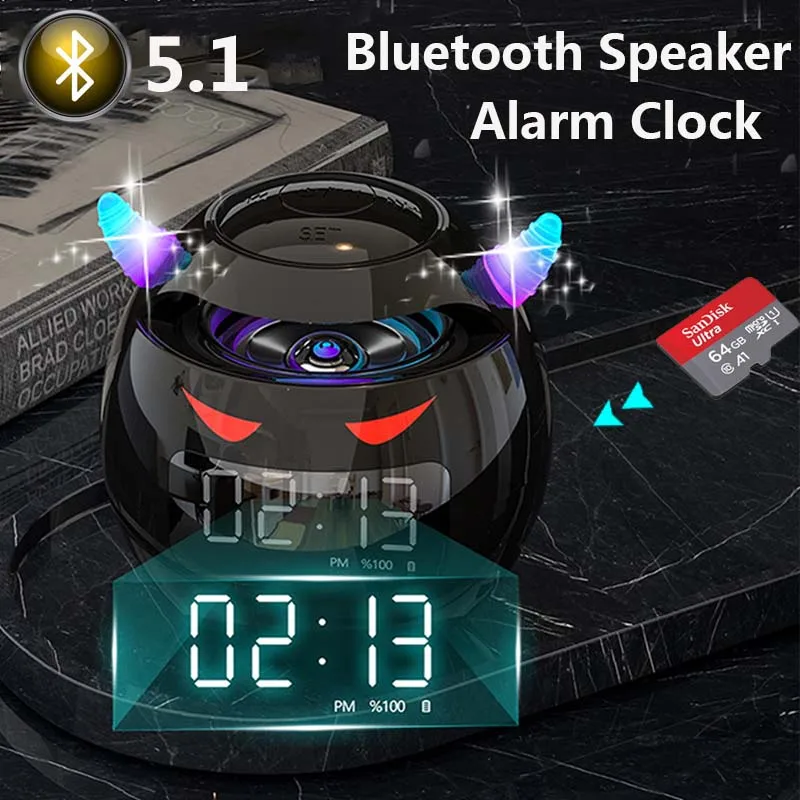 

Mini Bluetooth Speaker Cute Devil Wireless Bluetooth Sound Box with LED Display Alarm Clock Hifi TF Card MP3 Music Player