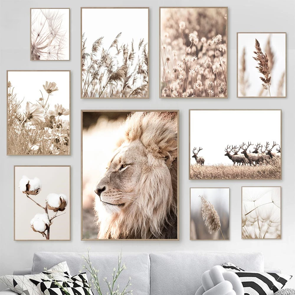 

Lion Sika Deer Reed Dandelion Daisy Beige Wall Art Canvas Painting Nordic Posters And Prints Wall Pictures For Living Room Decor