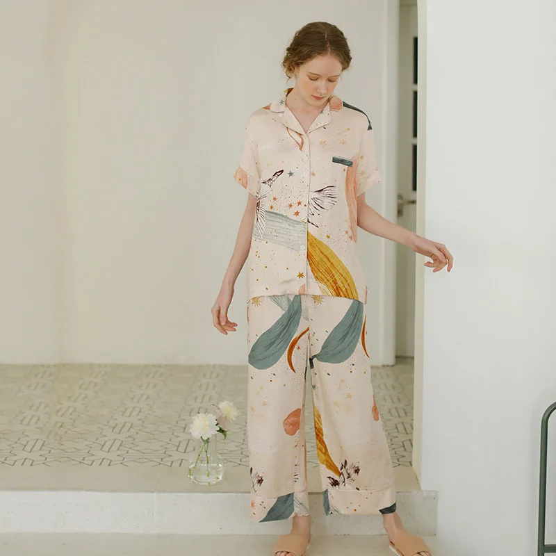 Пижама женская хлопковая с коротким рукавом и принтом звездного неба | Женская