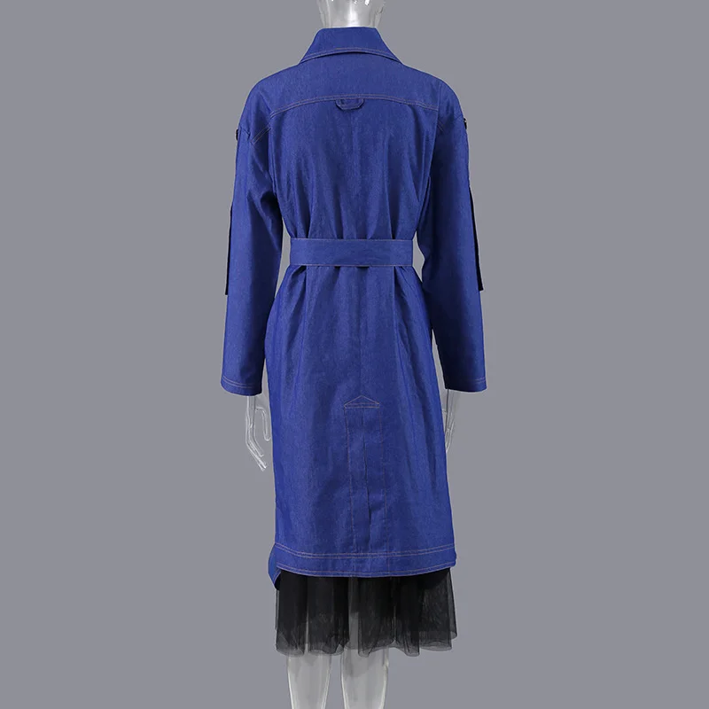 

SeeBeautiful Mesh Stitching Hem Loose Denim Dress Notched Long Sleeve Single Breasted Belt New Fashion Autumn 2021 Woman G063