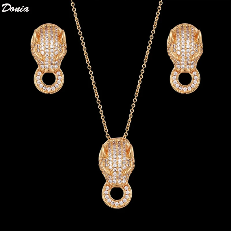 

Donia jewelry New luxury fashion micro-inlaid AAA zircon leopard head bite ring necklace women pendant earrings set jewelry