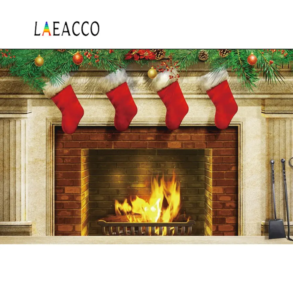 Laeacco Рождественские фоны для фотосъемки камин носок огненный сосновый венок