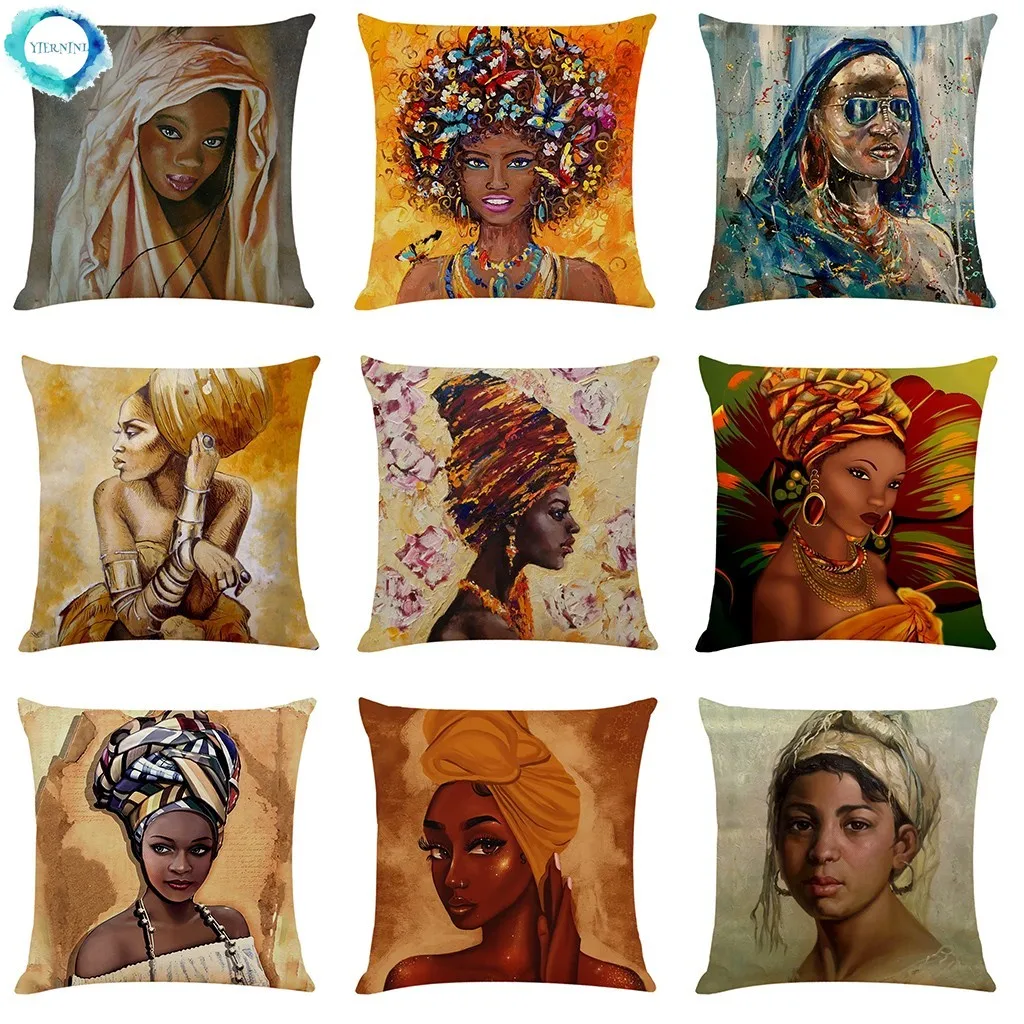 

African Women Style Home Decor Cushion Cover Pillowcase Cotton Linen Throw Pillow Cover Sofa Decorative Pillowcase 45x45cm
