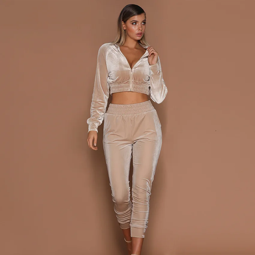 

Velvet Suit Women 2021 Autumn Winter Solid Color Sports Trousers Two-piece Zipper Hoodie Tops Long Pants Casual Black