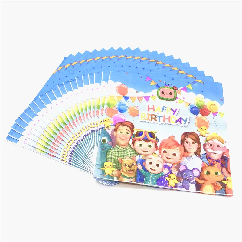

100Pcs/lot Cocomelon Party Supplies BlueDisposable Cocomelon Cups Plates Napkins Straws Flag Happy Birthday Decorations For Kids