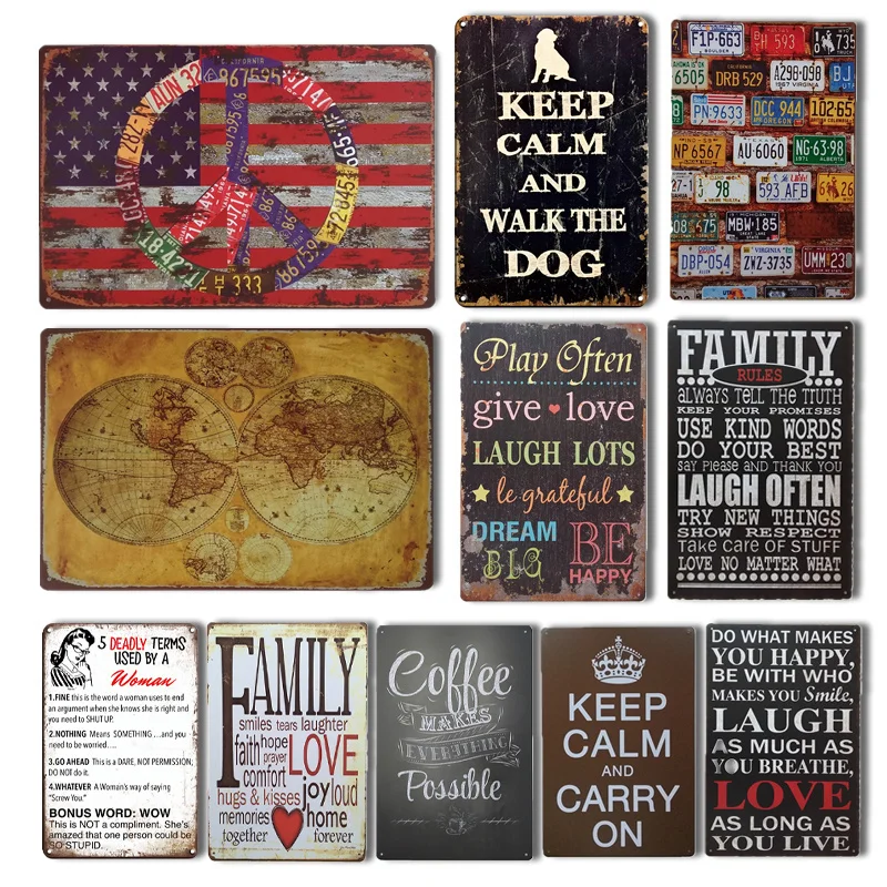 

Винтажная Настенная карта мира, жестяной постер, декор для комнаты, Семейные правила, ретро двор и сад, аксессуары для украшения Таблички