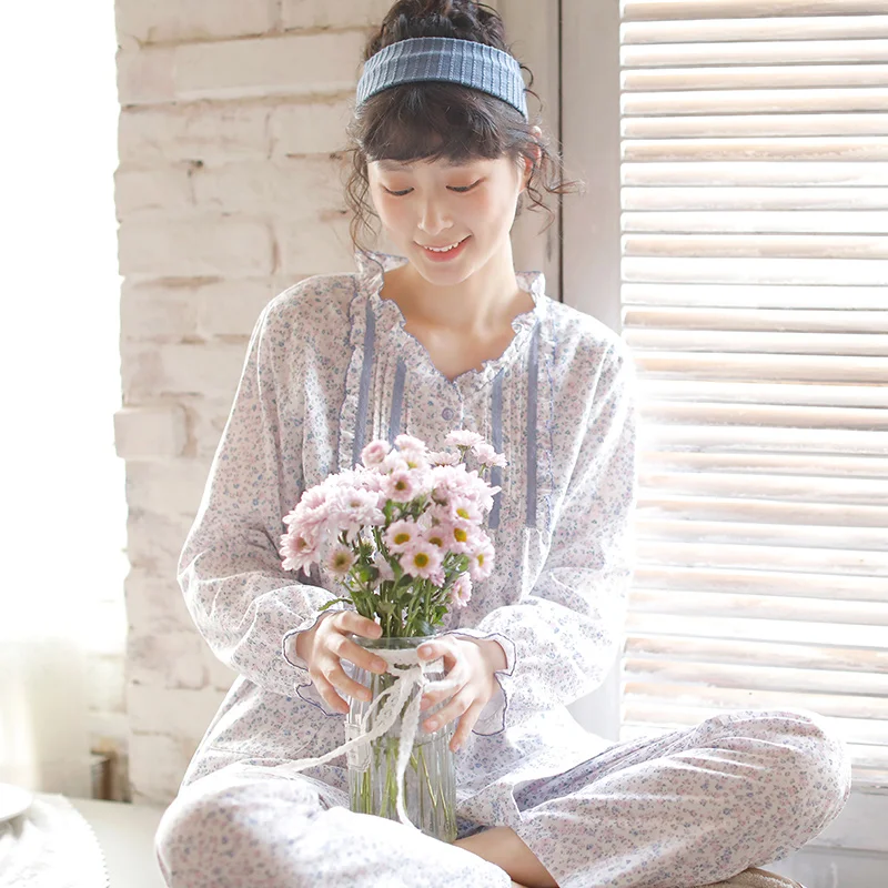 

Pajamas for Women 2021 Spring/Autumn Cotton Gauze Sweet V-neck Long-sleeved Trousers Homewear Fresh Floral Sleepwear 2-Piece Set