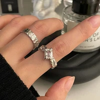 fashion irregular geometric transparent crystal rhinestone zircon opening adjustable metal texture ring for women party jewelry