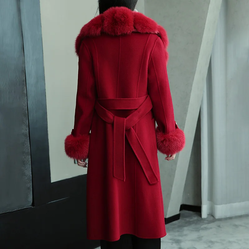 Winter Autumn Women's Classic Double-Faced Wool Coat Real Fox Fur Collar Cuff Woolen Female Jacket Belt S3664 | Женская одежда