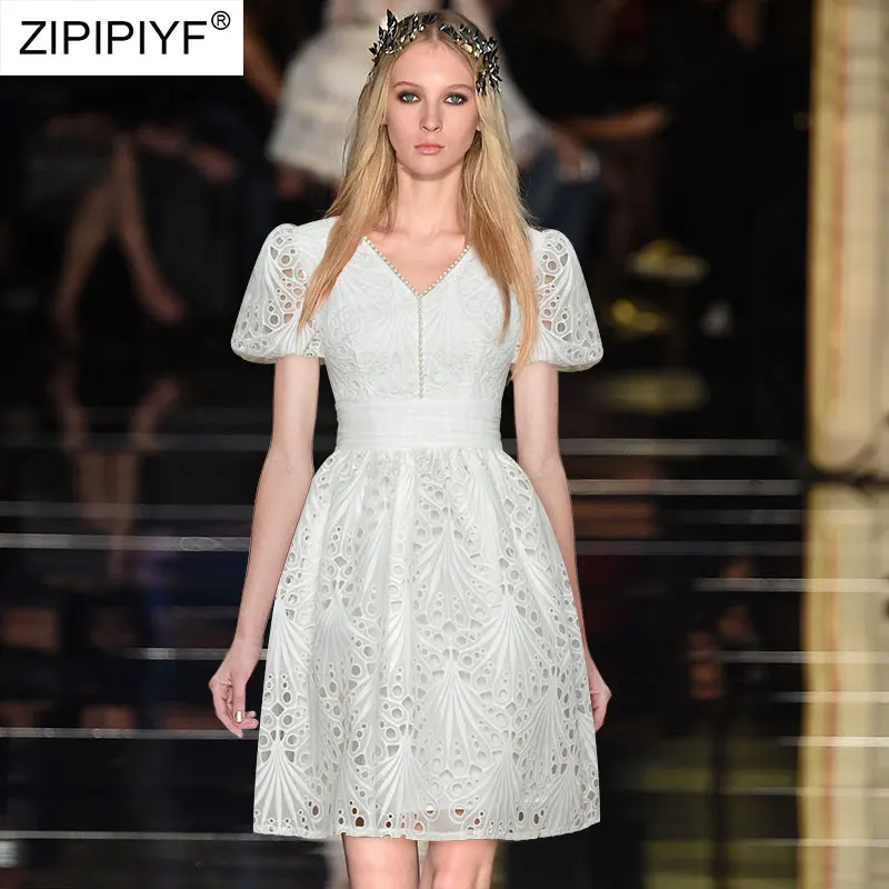 

2021 Summer Runway Fashion Elegant Sweet Girls Bow Design V Neck Beading Short Puff Sleeve Ball Gown High Waist Short Dress Z321