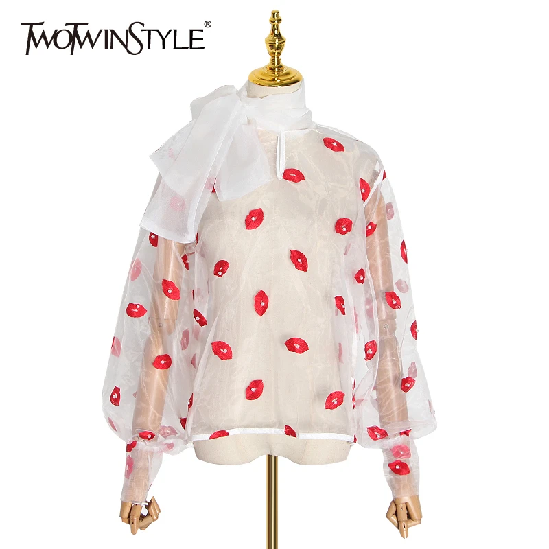 TWOTWINSTYLE женские блузки на шнуровке хит цветной принт воротник-бабочка фонарь