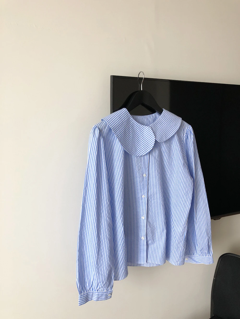 

Striped Women Blouse Sweet Peter Pan Collar 2021 Spring New Korean Sweet Shirt Causal Puff Sleeve Blusas Mujer