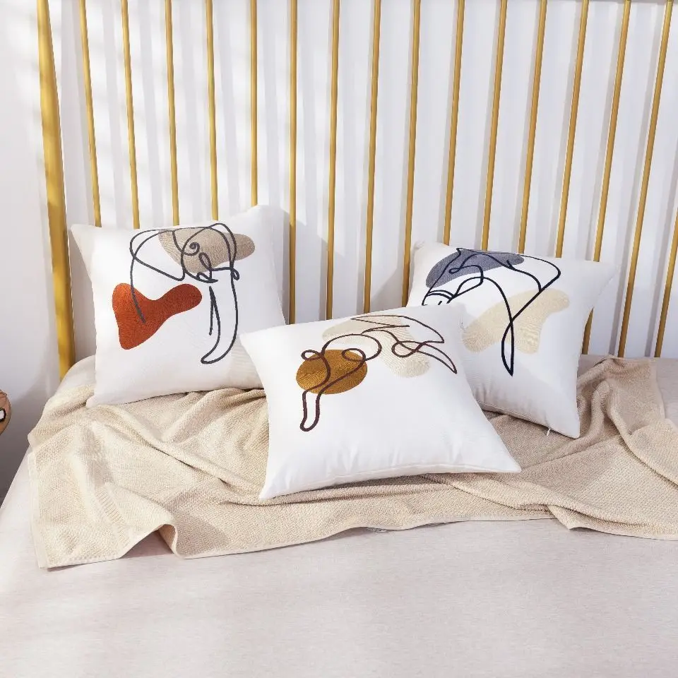 

Simple Cushion Cover Ins Nordic Embroidery Pillowcase Human Face Animal Fun Abstract Sofa Backrest Waist Cushion Home Decoration