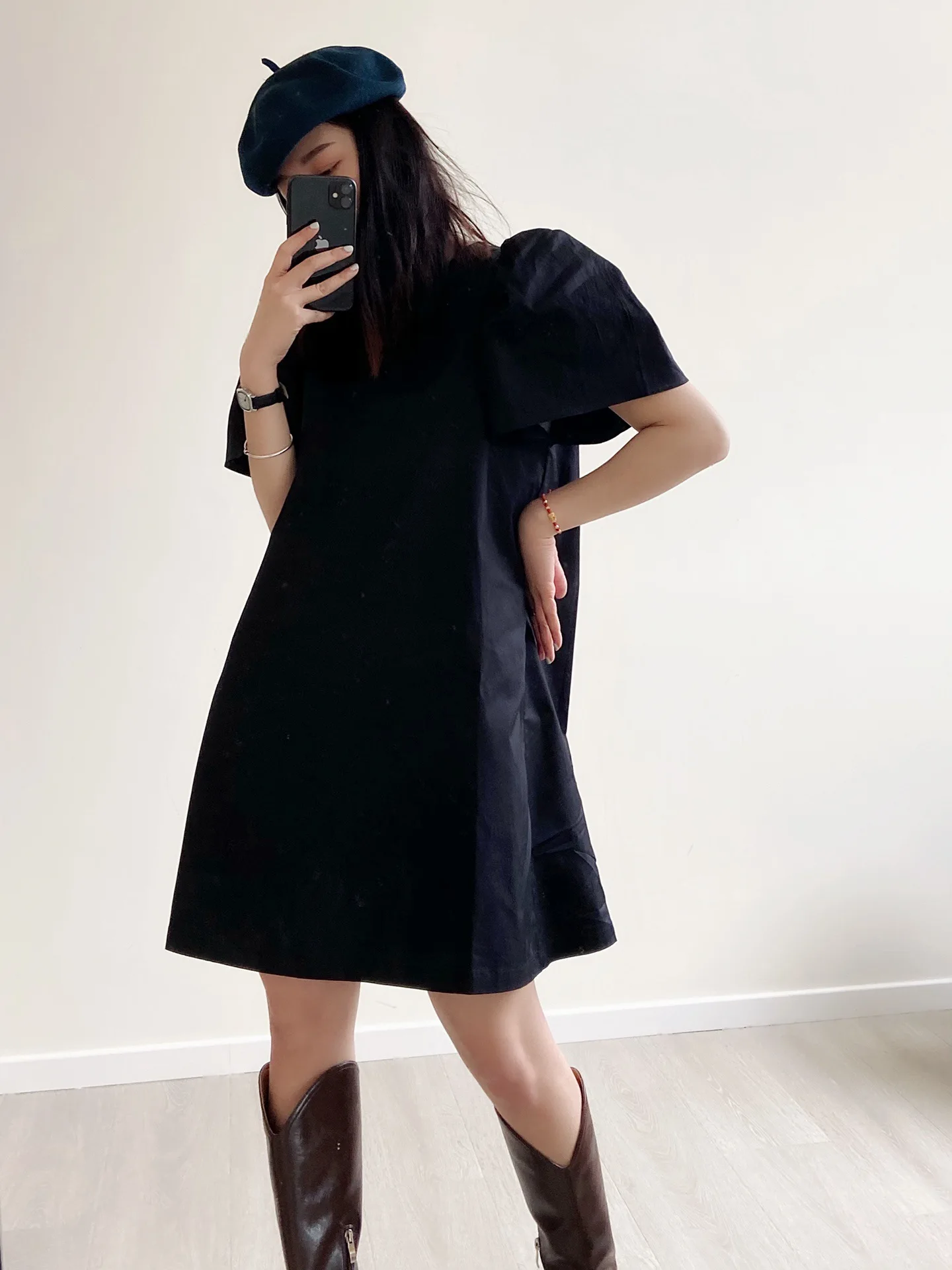 

FNOCE Cross-border Foreign Trade Puff Sleeve Dress Lightweight Twill Cotton Pure Color Short Sleeve Loose Thin A-line Skirt