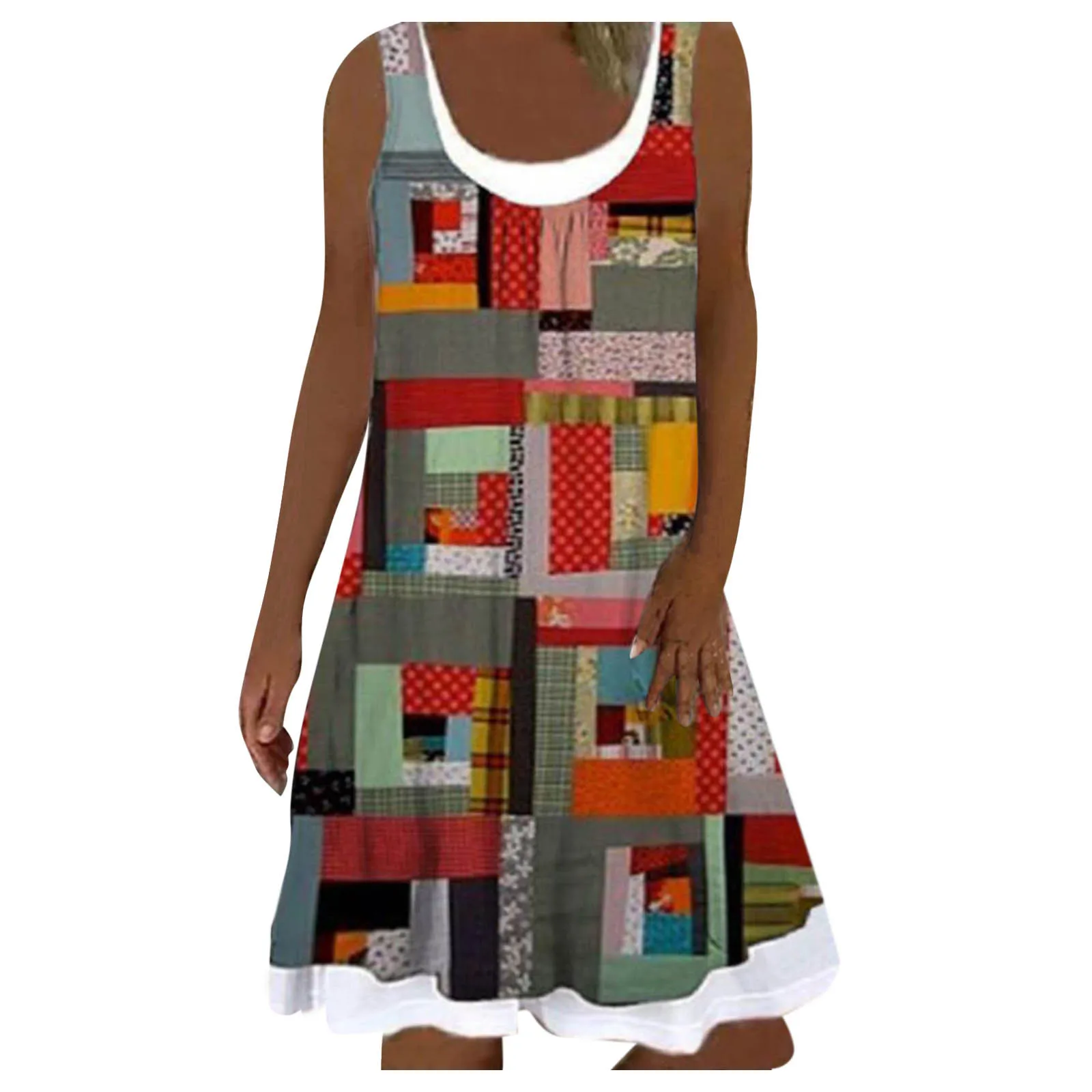 

2021 Ladies Casual Beach Summer Short Sleeveless Printed Fake Two-piece Dress For Women Robe Femme