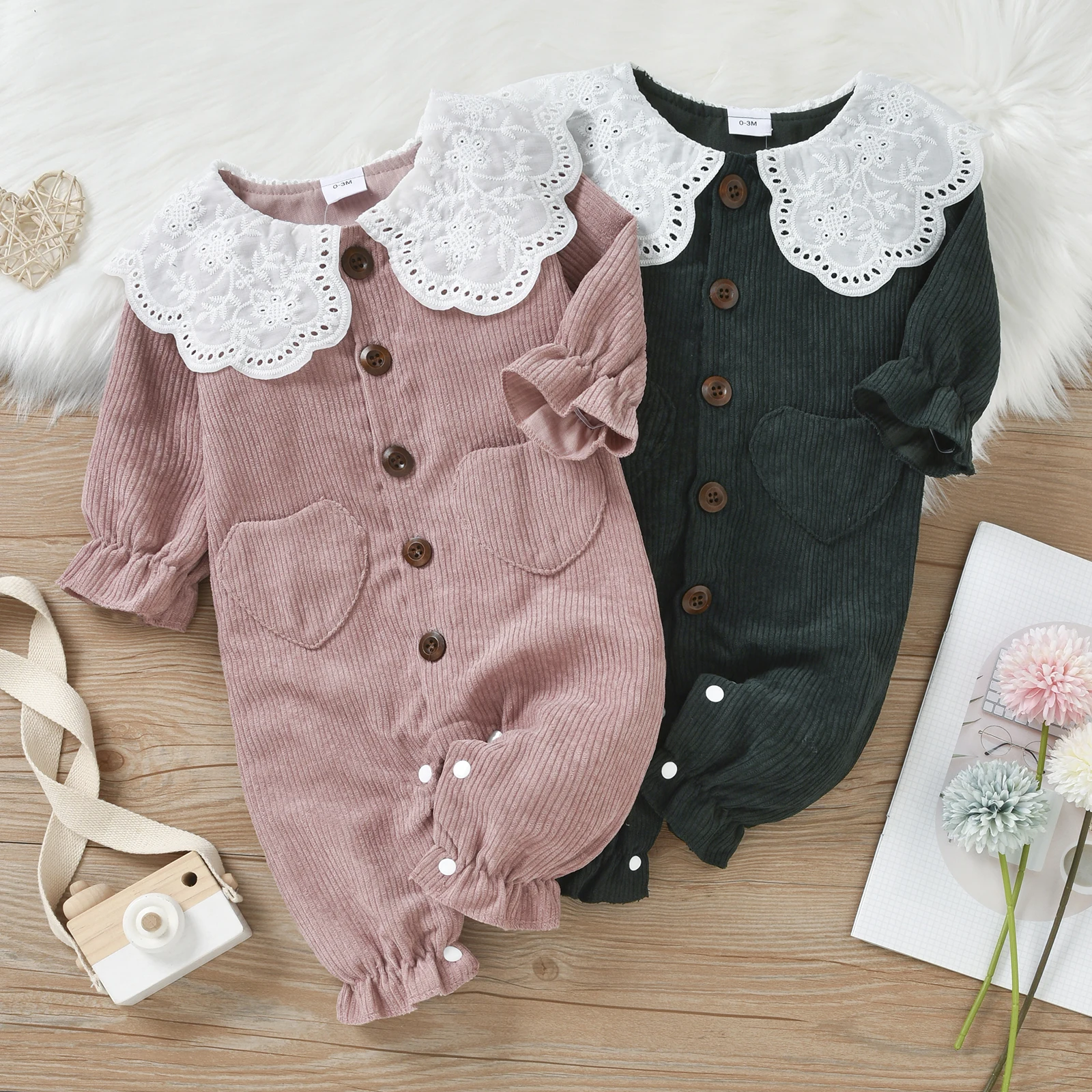 

Ma&Baby 0-18M Infant Newborn Baby Girl Jumpsuit Vintage Lace Ruffle Long Sleeve Romper Corduroy Autumn Spring Clothing Costumes