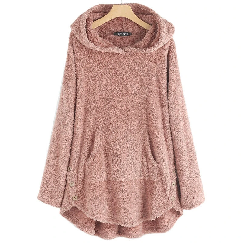 

Plus Size Women Teddy Bear Fur Fluffy Hoodie Fleece Hooded Loose Soft Winter Sweatshirt Tops Coat Pullover