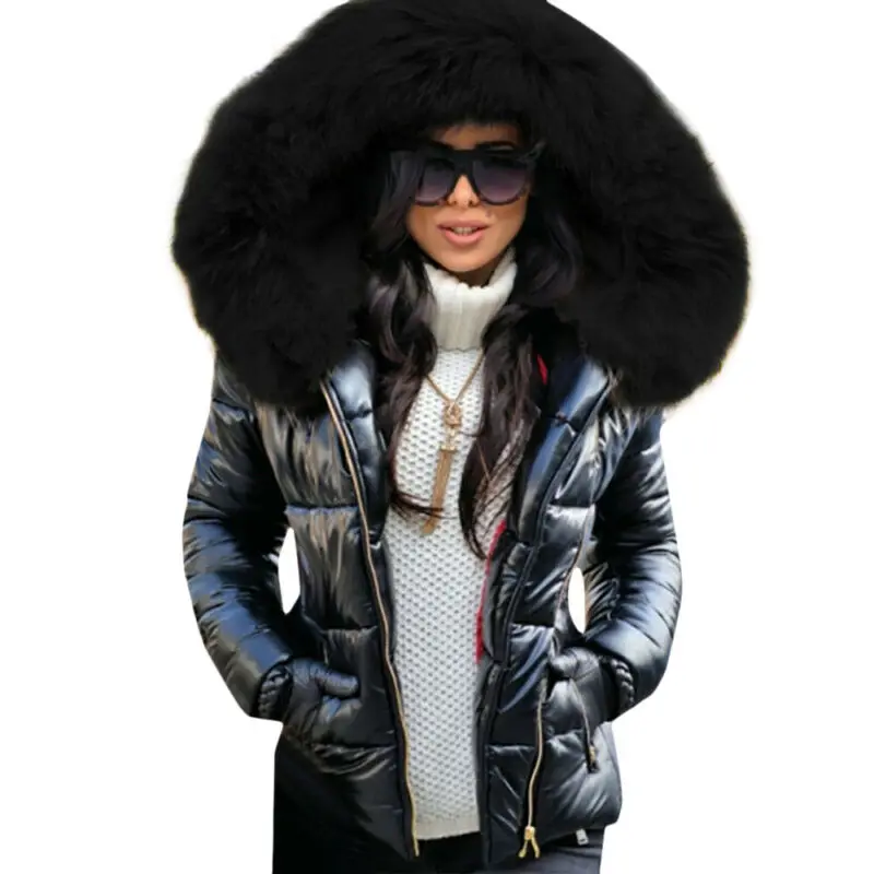 

Women Winter Cotton Padded Jacket Outerwear Faux Fur Trimmed Hooded Quilted Coat