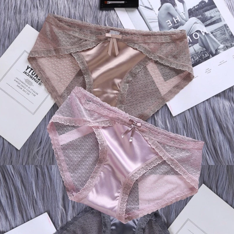 

Women's Sexy Lace Panties Retro Luxury Satin Lace Trim Panties Girly Transparent Mesh Seamless Mid-waist Bag Hip Briefs