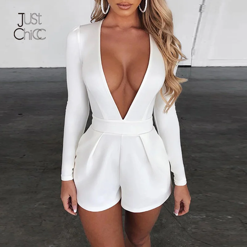 

Justchicc White Sexy Playsuit Jumpsuit Deep V-Neck Long Sleeve Bundle Waist Rompers Women Jumpsuit Sheath Ropa Mujer Overalls