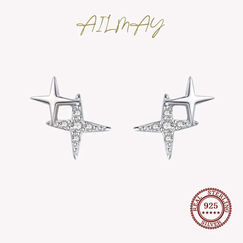 Ailmay Fashion 925 Sterling Silver Charm Sparkling Zircon Little Star  Earrings For Women Girls Party Accessories Jewelry