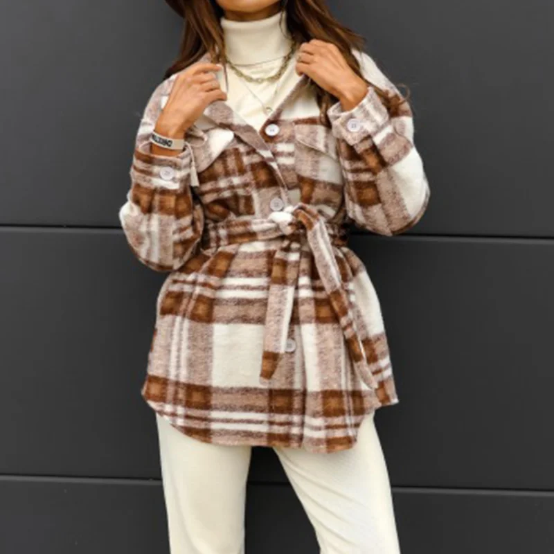 

2021 Fashion Women Plaid Blends Coats Sashes Loose Warm Winter Girls Outwear Autumn Casual Lady Jackets Khaki Wools Blends G3238