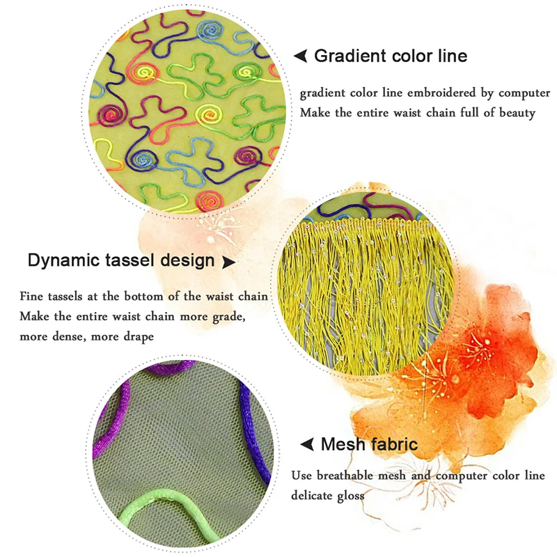 

Triangle Waist Chain Print Gradient Stepping Line Color Line Long Tassel Indian Dance Belly Dance Sequins Waist Chain for women