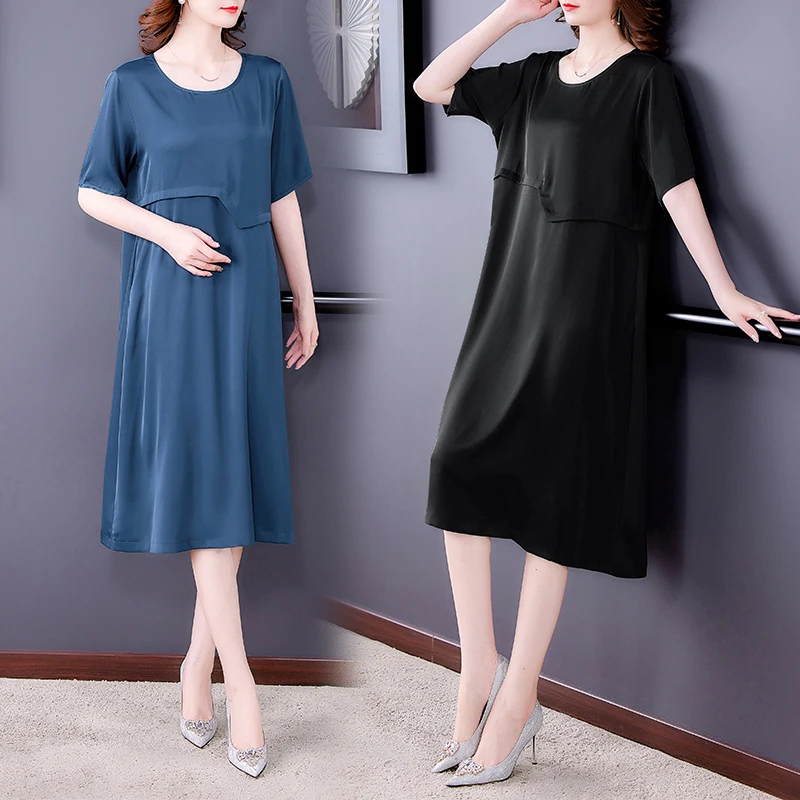 

COIGARSAM Women Dress Summer 2021 New Office Lady Short Sleeve Patchwork Solid O-Neck Blue Black Dresses Traf Vestidos Robe